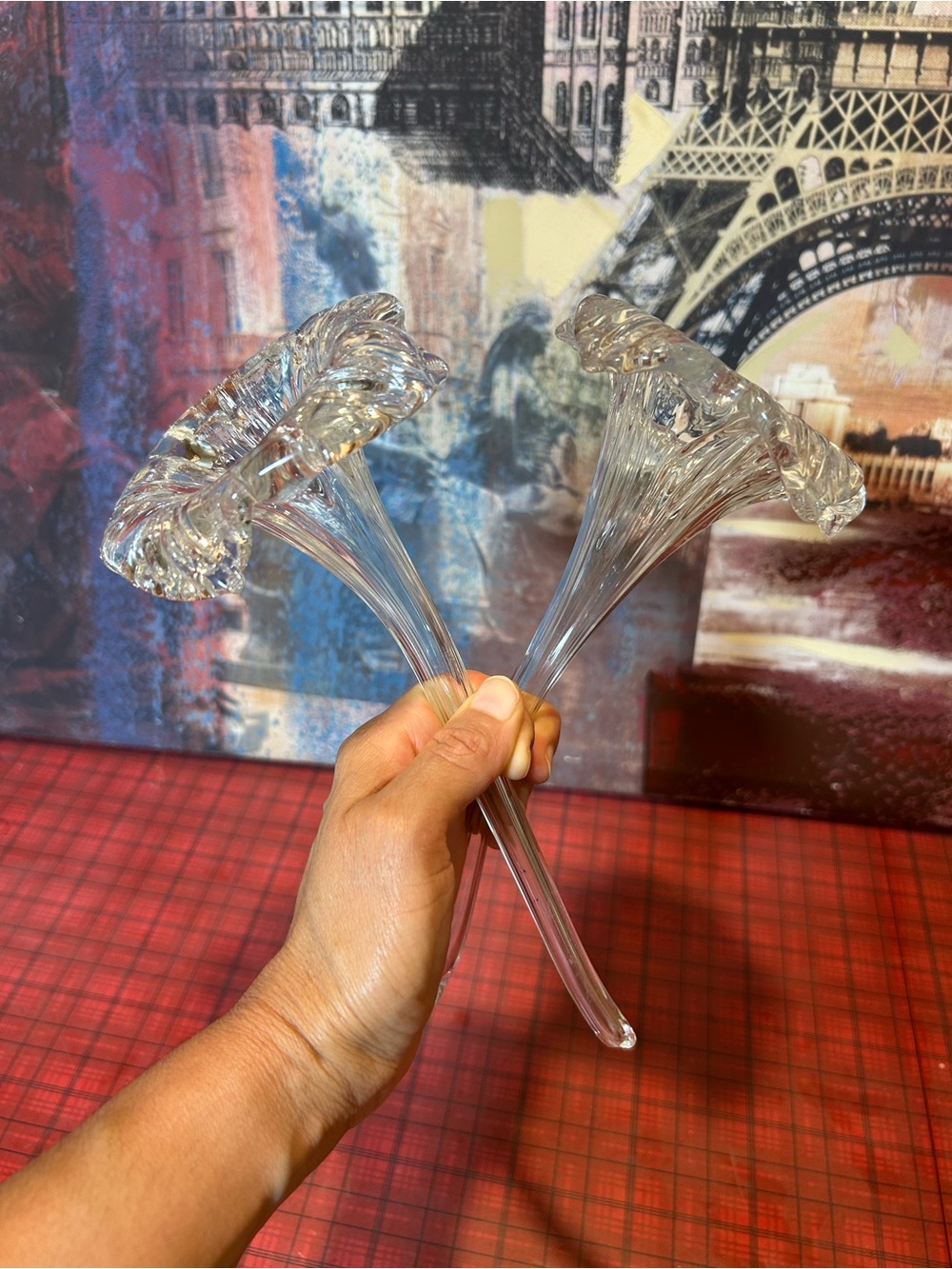 Vintage Hand Blown Clear Glass Lily Flower Art Figurines With Hollow Stems x2